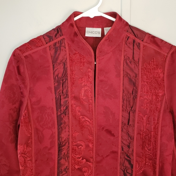 Chico's Red Brocade Tapestry Mandarin Collar Blazer - Picture 5 of 11